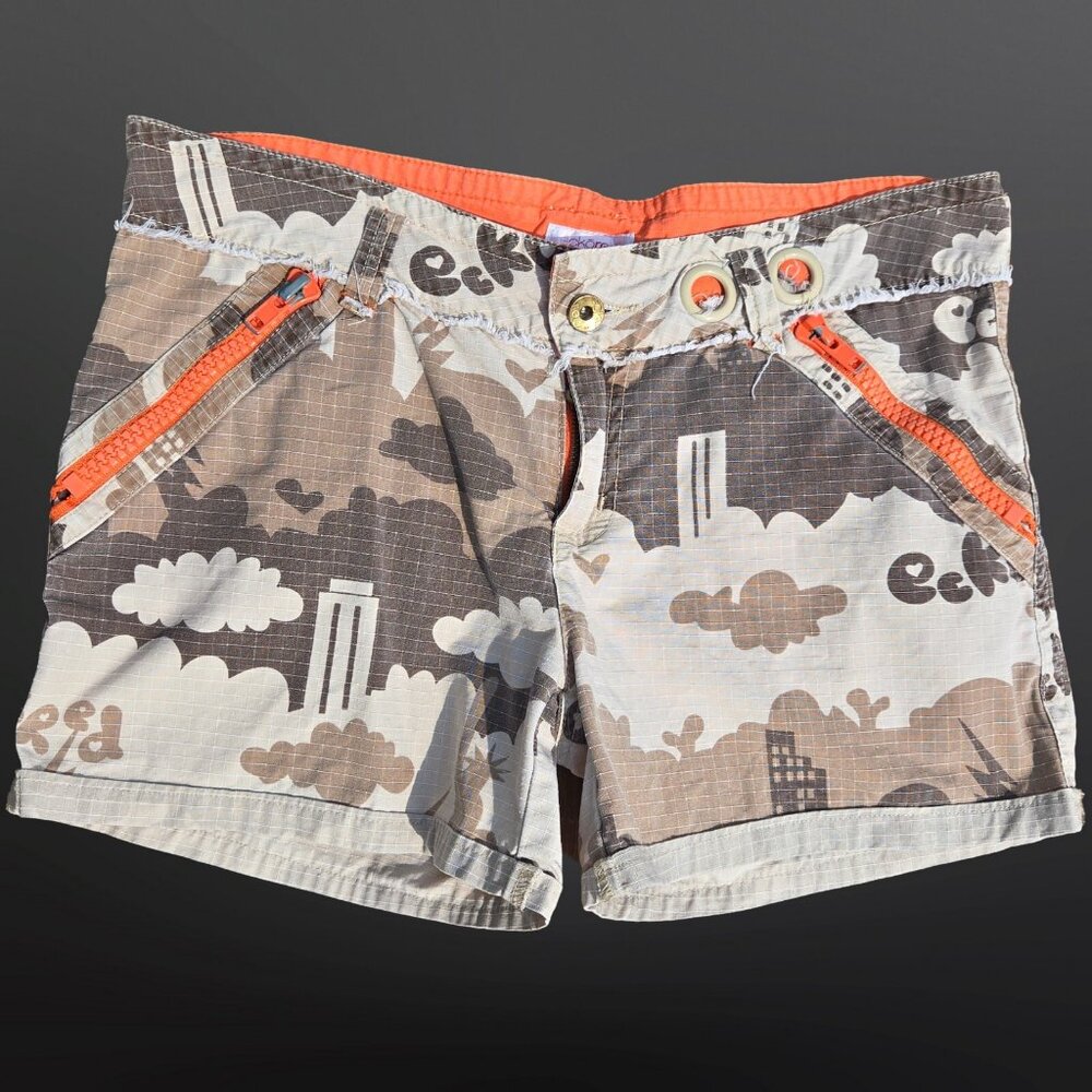 Y2K Ecko Red Camouflage Cargo Shorts With Zippers Size 7 Brown Orange Utility